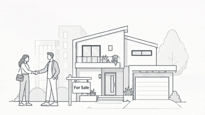 Agent and homeowner shaking hands in front of a for-sale home