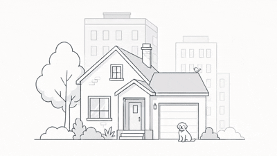 Cozy home with a tree, dog, and city skyline in the background